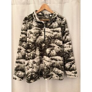 Denim & Co Mountain Print Fleece Quarter Zip Pullover Olive Green Cream Large